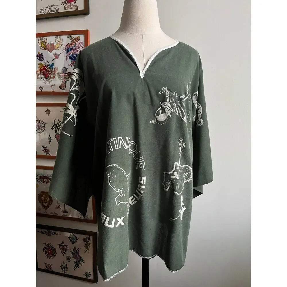 Vintage 90s Bell Sleeve Tunic | Ile Aux Fleurs Map Print | Flared Sleeves | M–XL - Picture 5 of 9